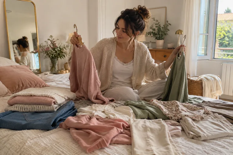 Une femme assise sur un lit compare deux vêtements sur cintres.