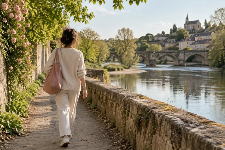 Une femme marche sur un chemin au bord d’une rivière.