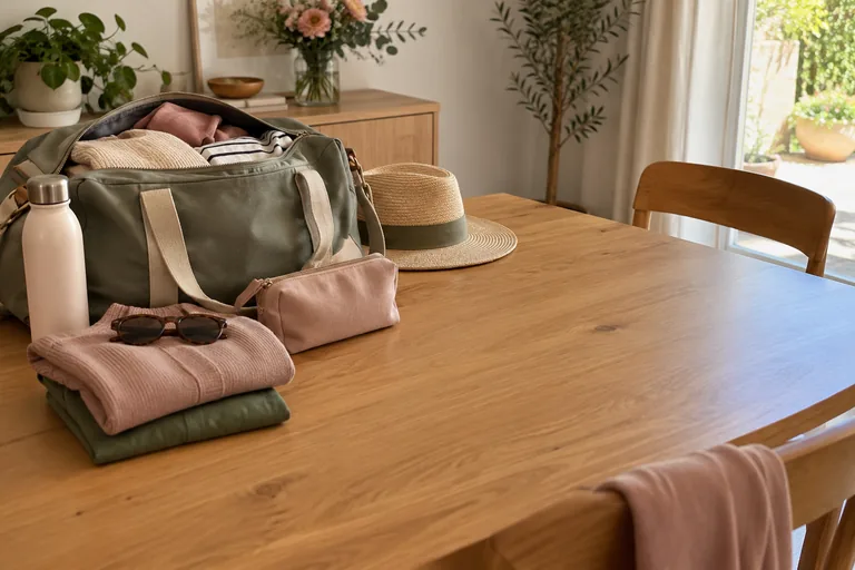 Un sac, une gourde et des vêtements occupent un côté d’une table dégagée.