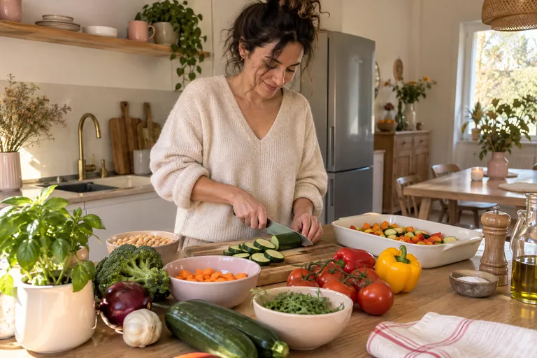 Une femme coupe des légumes près d’un plat et de plusieurs bols.