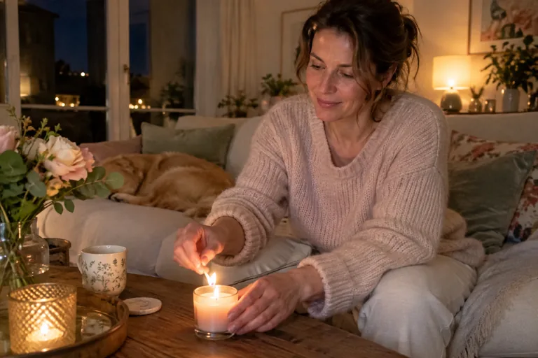 Une femme allume une petite bougie dans un salon calme le soir
