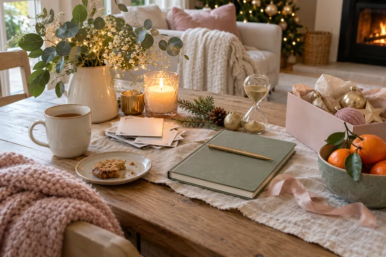 Un carnet fermé, des photographies retournées et des décorations reposent sur une table.
