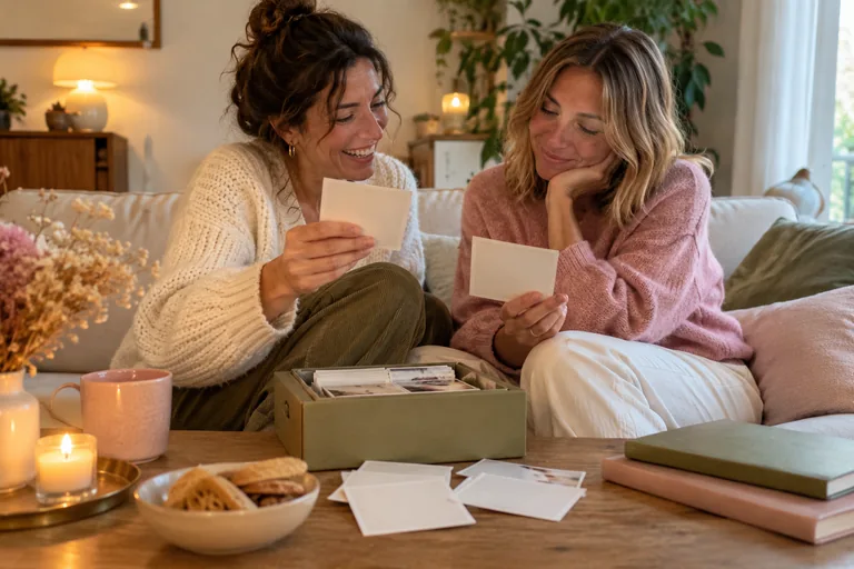 Deux femmes assises sur un canapé regardent des photographies.