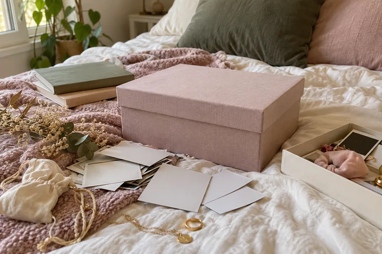 Une boîte rose fermée est posée sur un lit près de photographies et de souvenirs.