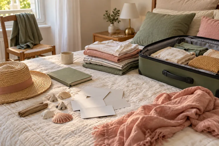 Des coquillages, des cartes retournées et des vêtements pliés entourent une valise.