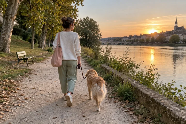 Une femme promène un chien au bord d’une rivière au coucher du soleil.