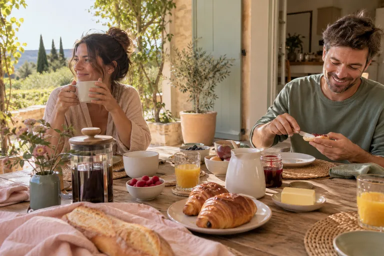 Deux adultes prennent leur petit déjeuner sur une terrasse.