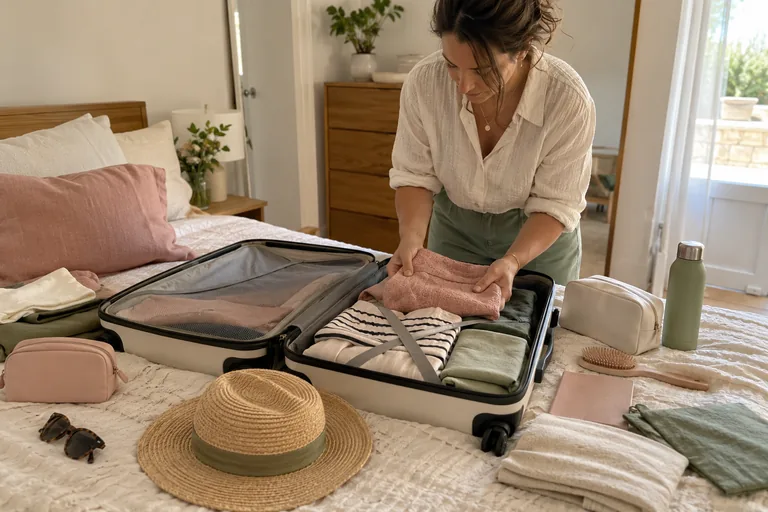 Une femme soulève un pull plié dans une valise ouverte sur un lit.