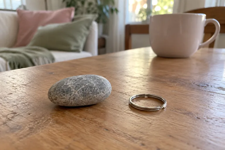 Un galet gris et un anneau de porte-clés vide reposent sur une table.