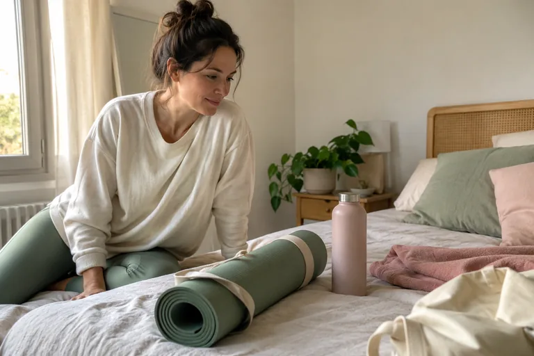 Une femme regarde un tapis roulé et une gourde posés sur son lit.