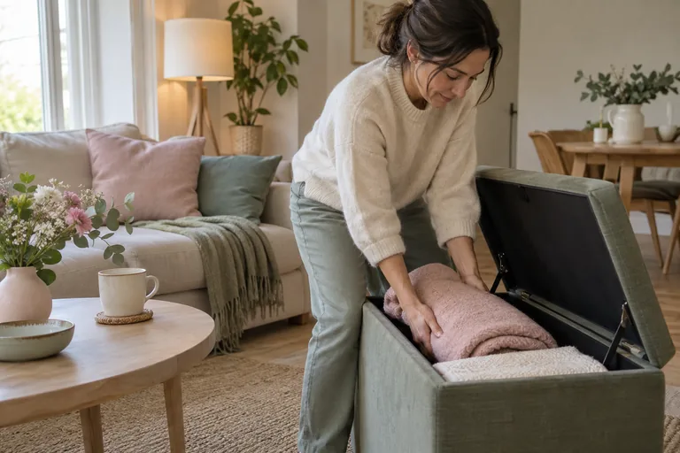 Une femme range une couverture rose dans un coffre en tissu.