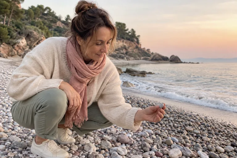 Une femme accroupie sur une plage tient un petit galet.