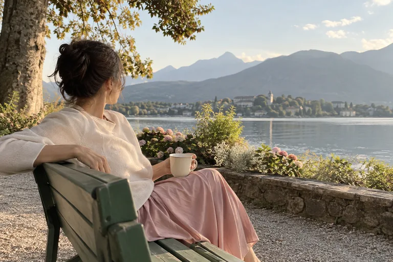 Une femme assise sur un banc tient une tasse en regardant un lac et des montagnes.