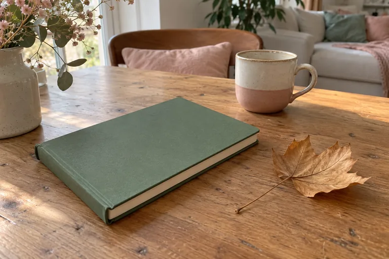 Un carnet vert fermé repose près d’une feuille d’arbre séchée et d’une tasse.