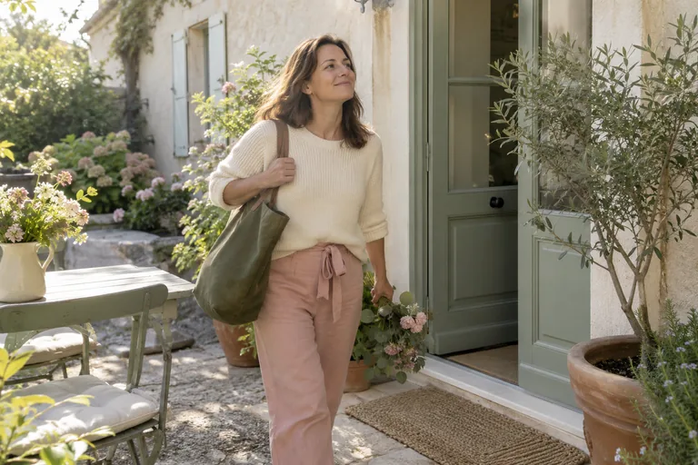Une femme portant un sac et des fleurs se tient dans une cour devant une porte ouverte.