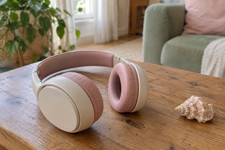 Un casque audio blanc et rose repose près d’un coquillage sur une table.