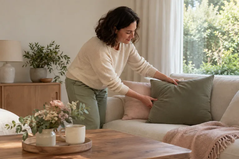 Une femme ajuste un coussin vert sur un canapé près d’une fenêtre.