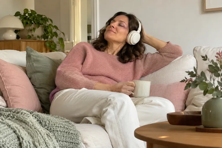 Une femme porte un casque audio sur un canapé, une tasse à la main.