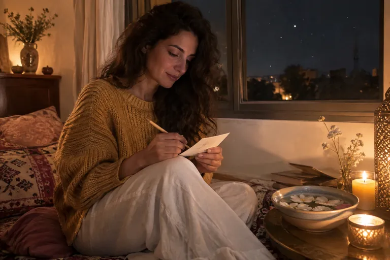 Une femme écrit ses intentions à la lueur de bougies, un soir de nouvelle lune