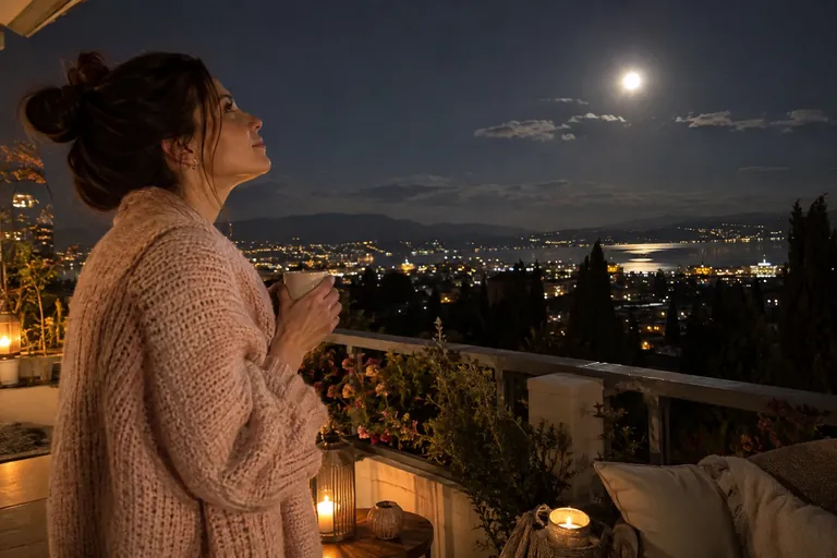 Une femme en gilet regarde la pleine lune depuis une terrasse, une tasse chaude à la main