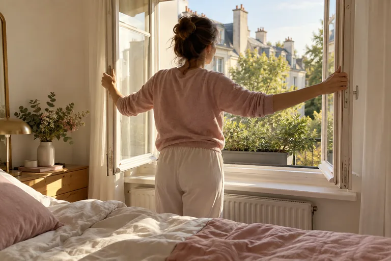 Une femme ouvre les deux battants d’une fenêtre dans une chambre.