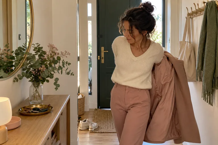 Une femme retire son manteau dans une entrée.