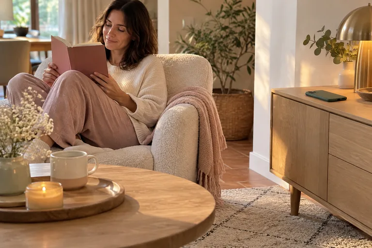 Une femme lit dans un fauteuil, son téléphone retourné sur un meuble à distance.