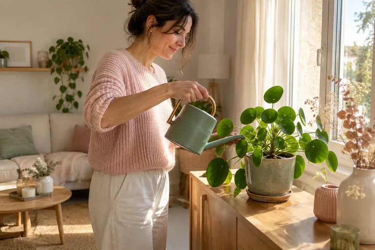 Une femme arrose une plante verte près d’une fenêtre.