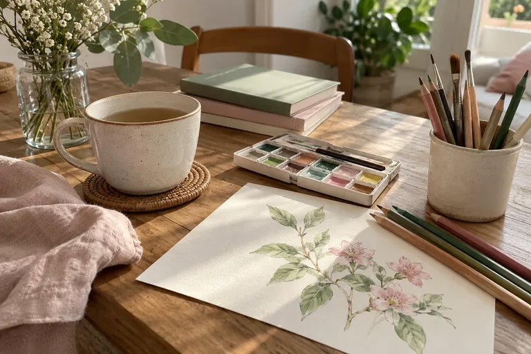 Une tasse accompagne des crayons, une palette et une aquarelle de fleurs.