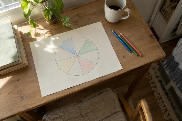 Une feuille avec un cercle divisé en huit secteurs, des crayons de couleur et une tasse sur un bureau