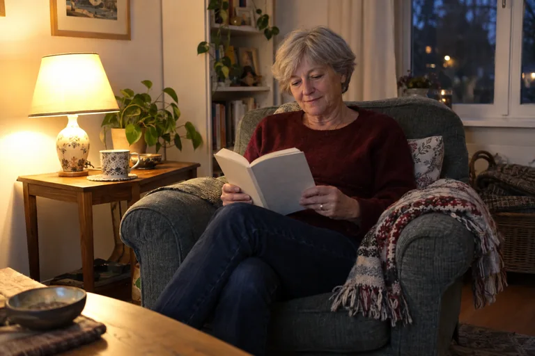 Une femme aux cheveux gris lit un livre dans un fauteuil près d’une lampe