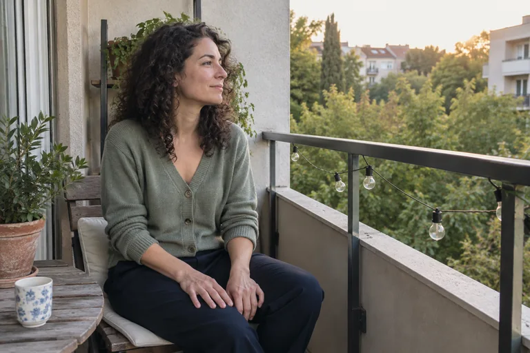 Une femme en cardigan vert est assise sur un balcon près d’une plante