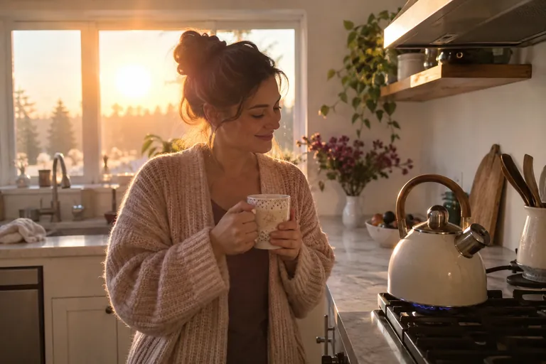 Une femme prépare un thé dans une cuisine lumineuse au lever du soleil