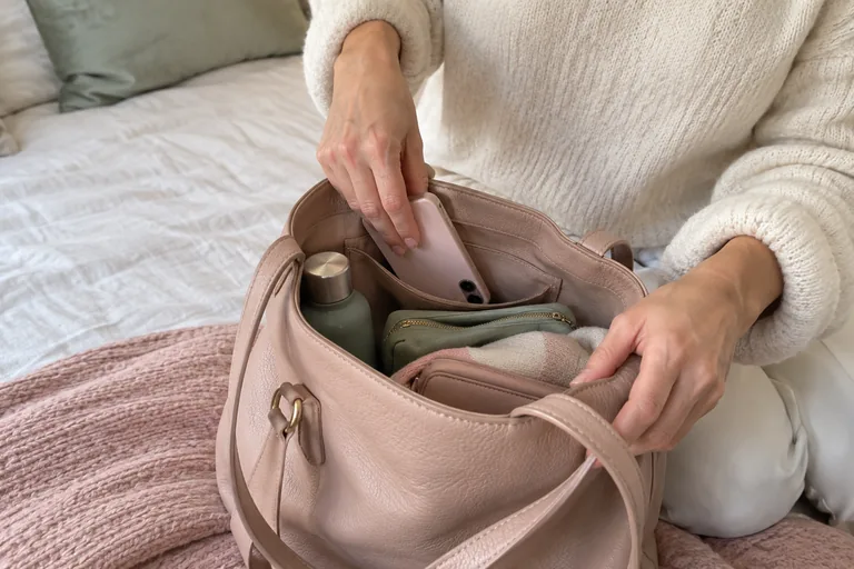 Une femme range son téléphone, écran caché, dans la poche de son sac.