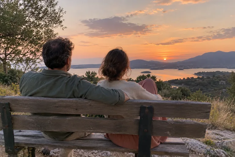 Deux adultes assis sur un banc contemplent un coucher de soleil au-dessus de l’eau.