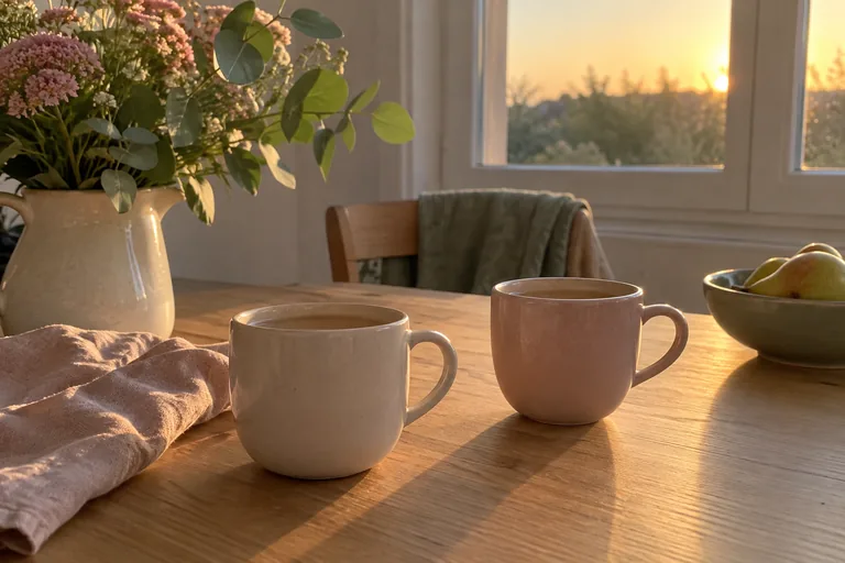 Deux tasses sur une table sont éclairées par le soleil du soir.