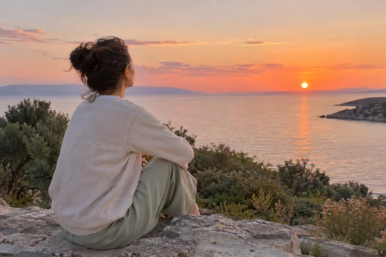 Une femme assise sur un rocher regarde le soleil se coucher sur la mer.