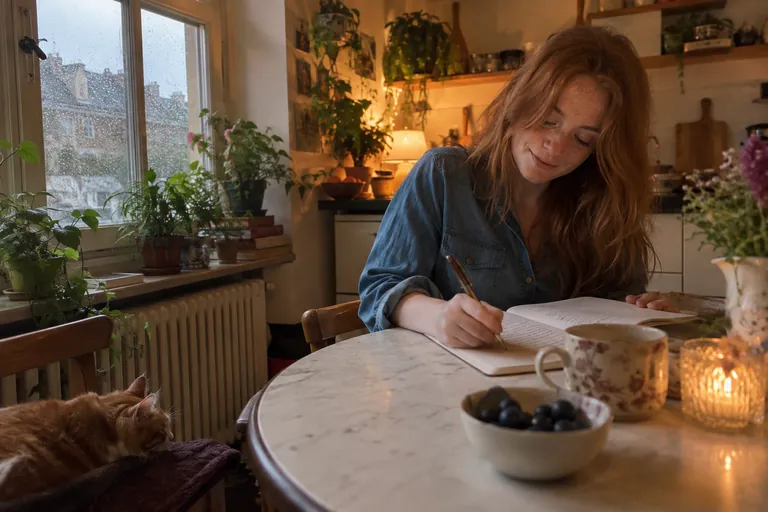 Une jeune femme rousse écrit dans son journal à une table ronde, un jour de pluie