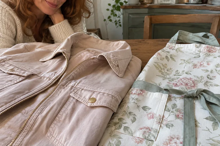 Veste rose et tablier floral posés côte à côte.