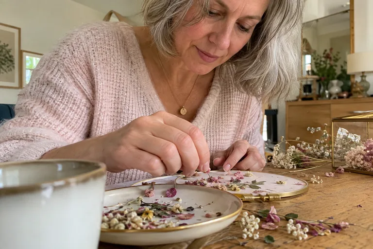 Femme disposant de petites fleurs sur un ouvrage posé sur une table.