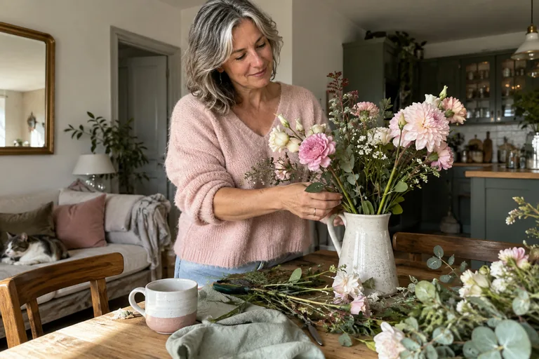 Femme arrangeant un bouquet de fleurs dans un pichet.