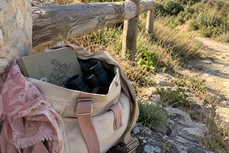 Sac ouvert contenant un carnet floral fermé et des jumelles.