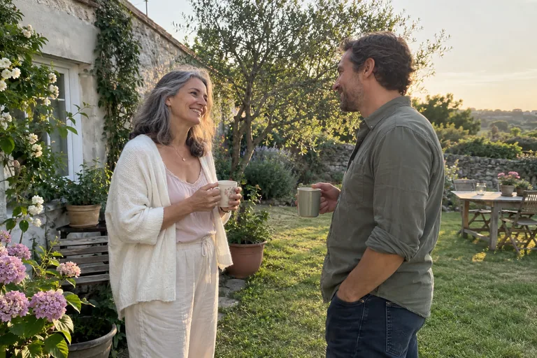 Deux adultes tenant des mugs discutent dans un jardin.