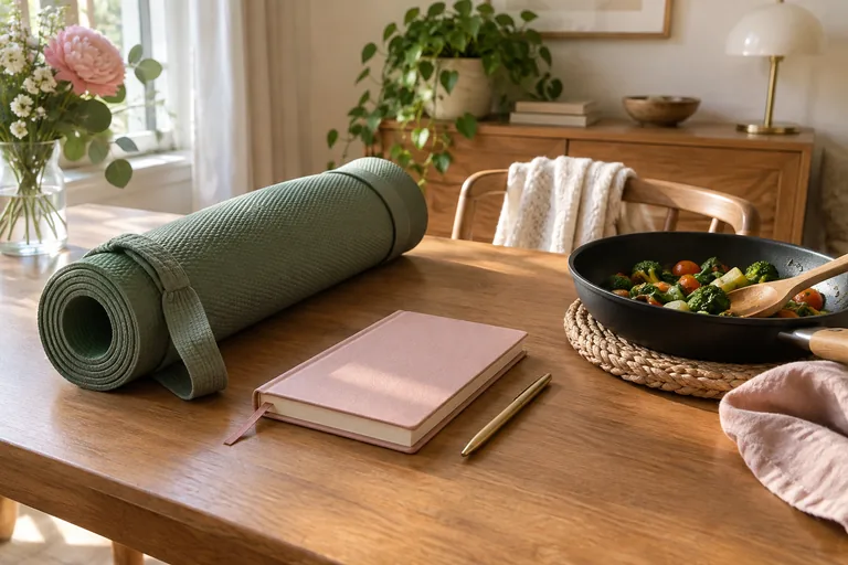 Tapis de sport, carnet fermé et poêle de légumes sur une table.