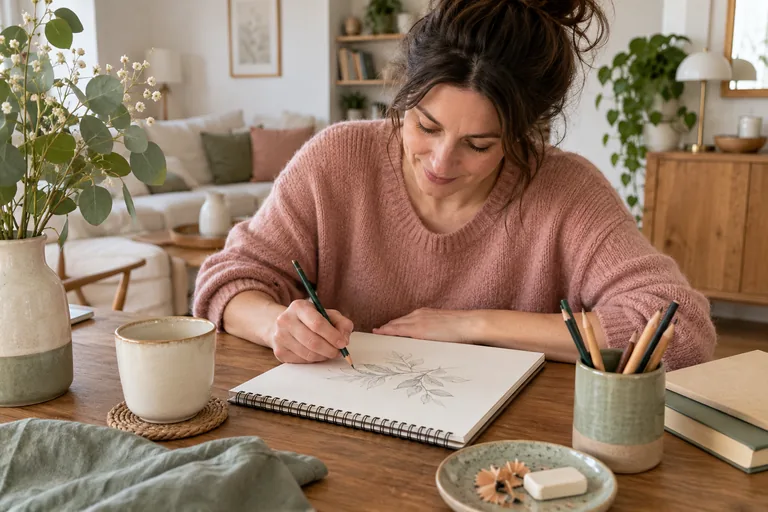 Femme dessinant une branche sur un carnet à spirales.