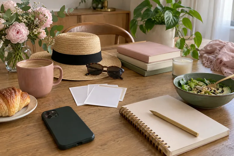 Livres, chapeau, photos retournées et carnet réunis sur une table.