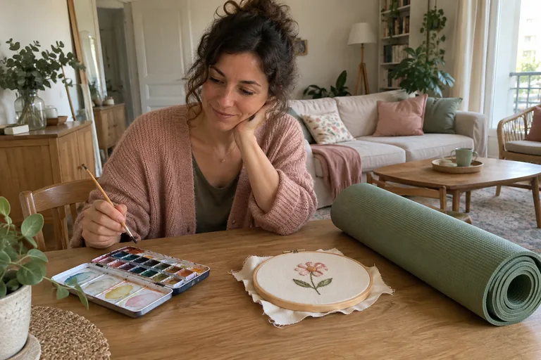 Femme devant une palette d’aquarelle, un tambour brodé et un tapis roulé.