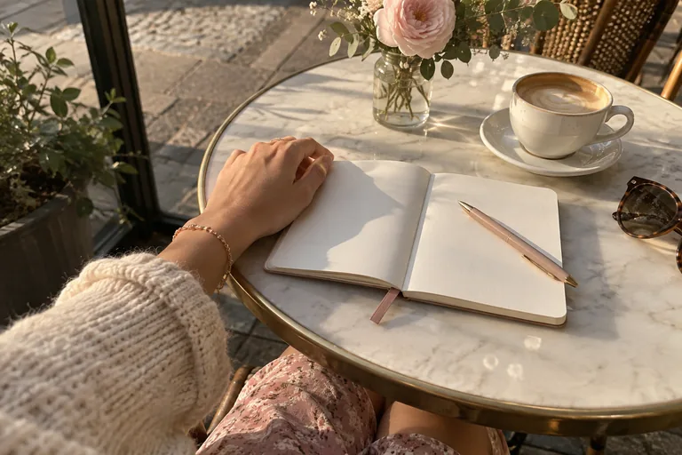 Un carnet ouvert sur une table de café avec un stylo et une tasse, une main posée à côté dans la lumière dorée de l’après-midi