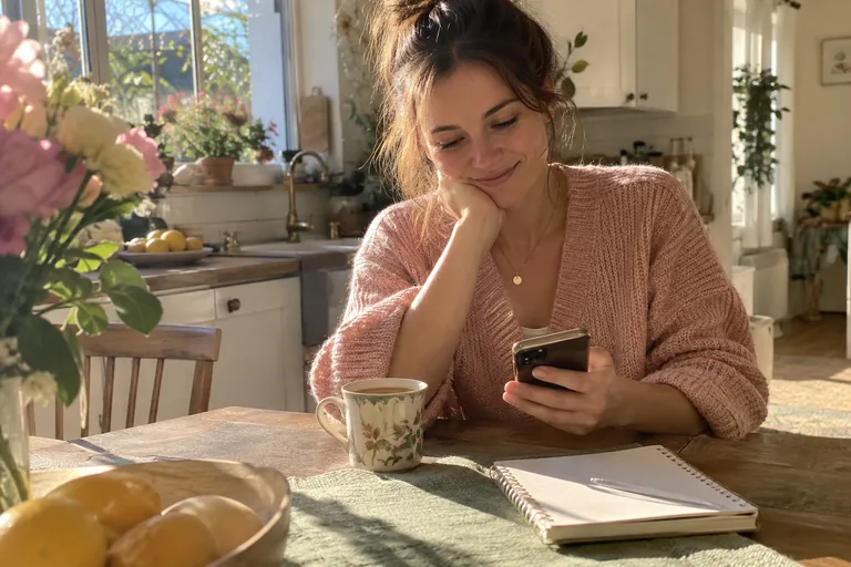 Une femme sourit en regardant son téléphone à la table de sa cuisine, une tasse de thé et un carnet devant elle