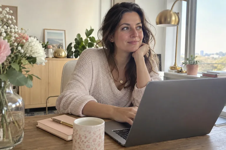 Une femme réfléchit devant son ordinateur dans un bureau lumineux, le menton dans la main